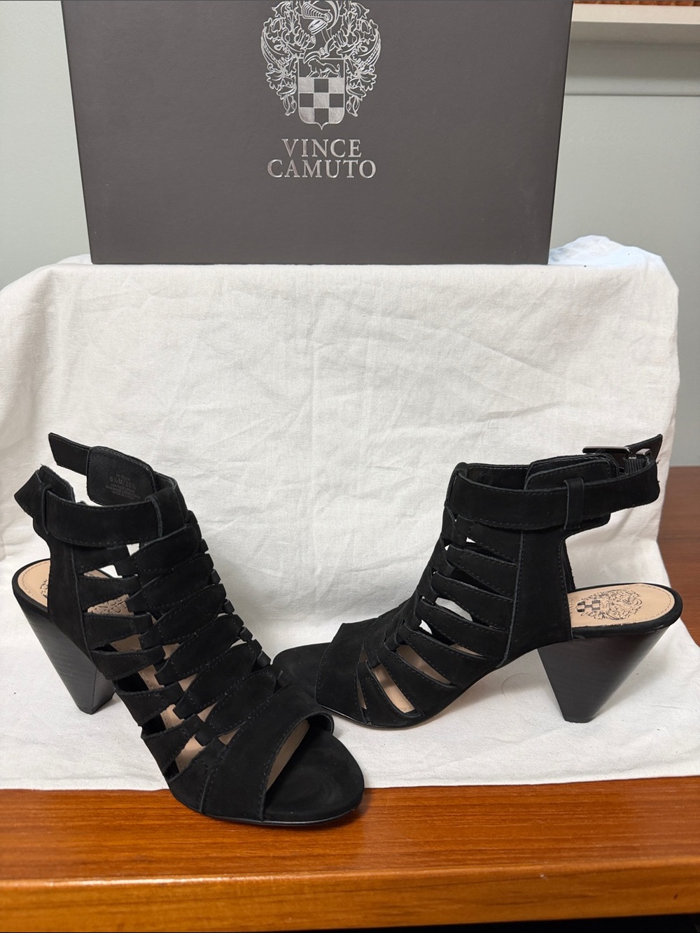 Vince Camuto Black Strappy Cone Heel Sandals — Cutout Suede Open Toe